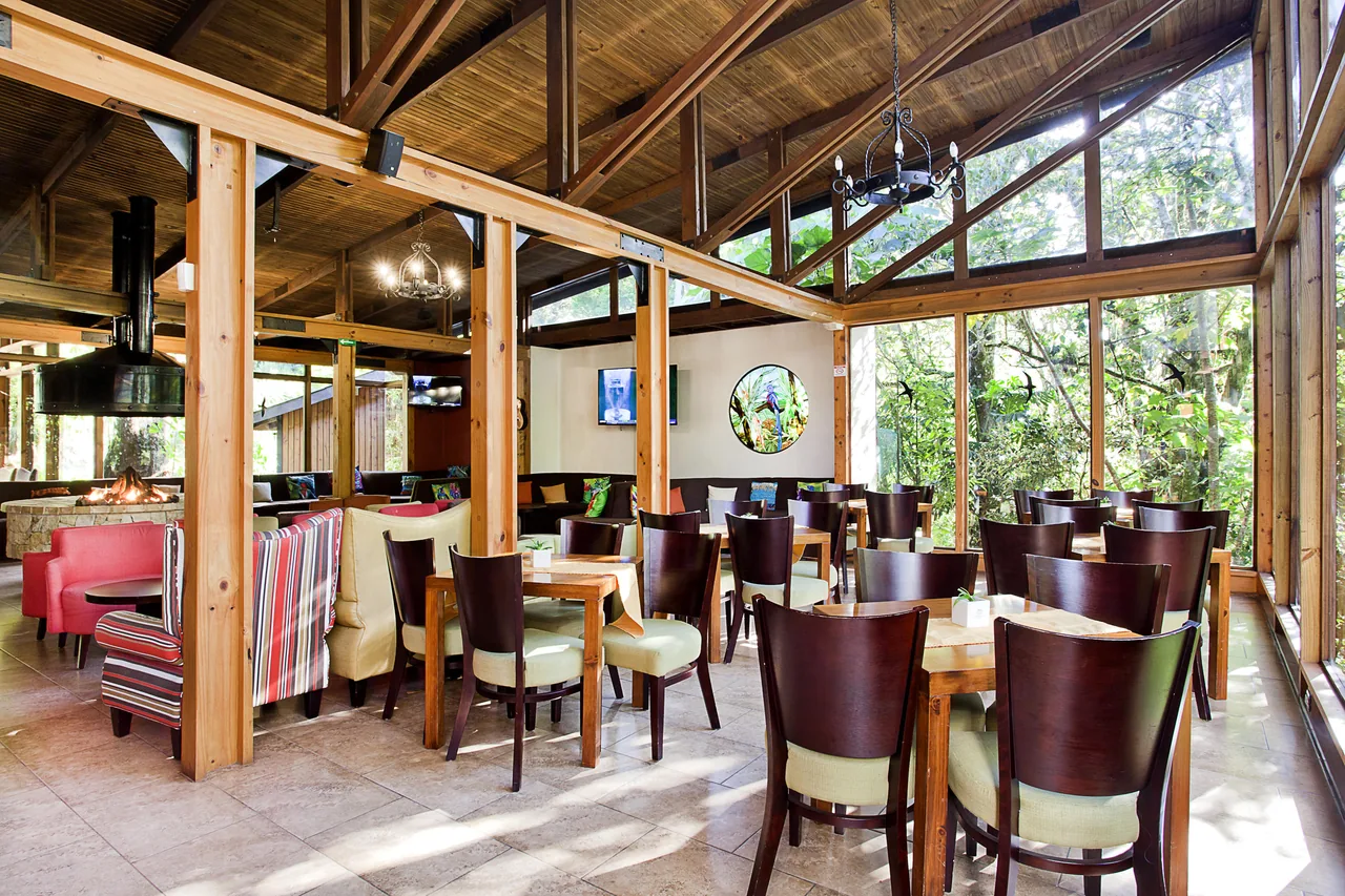 Salón del bar con estructura de madera vista, mesas y sillas, y ventanales de suelo a techo hacia el bosque