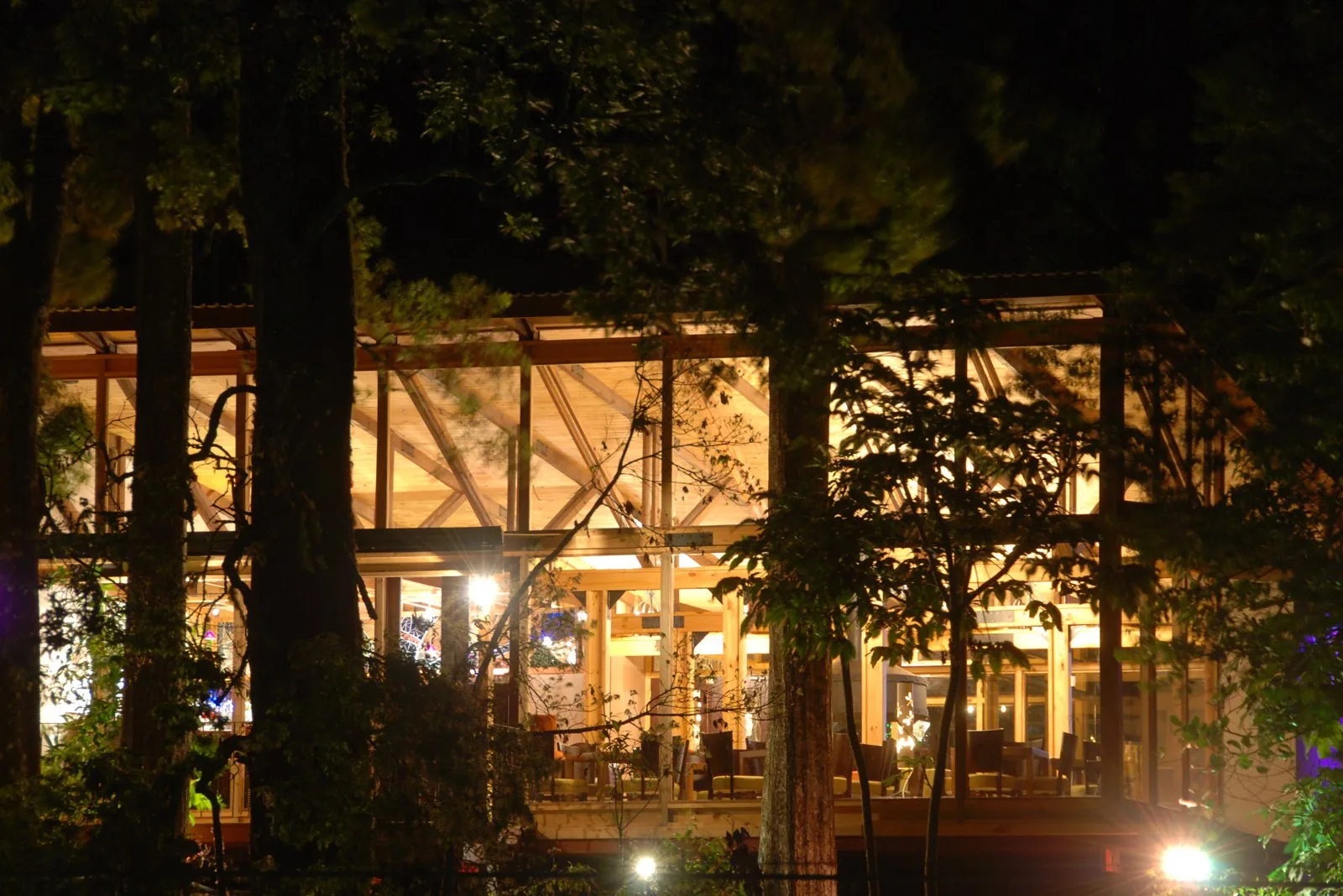 El restaurante iluminado de noche