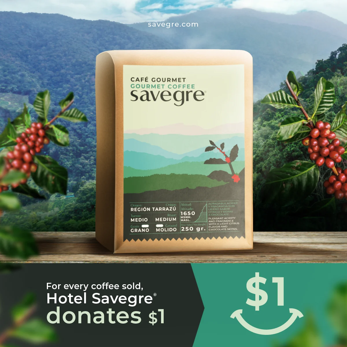 Promotional graphic: for every package of Savegre coffee sold, the hotel donates $1 to the community school