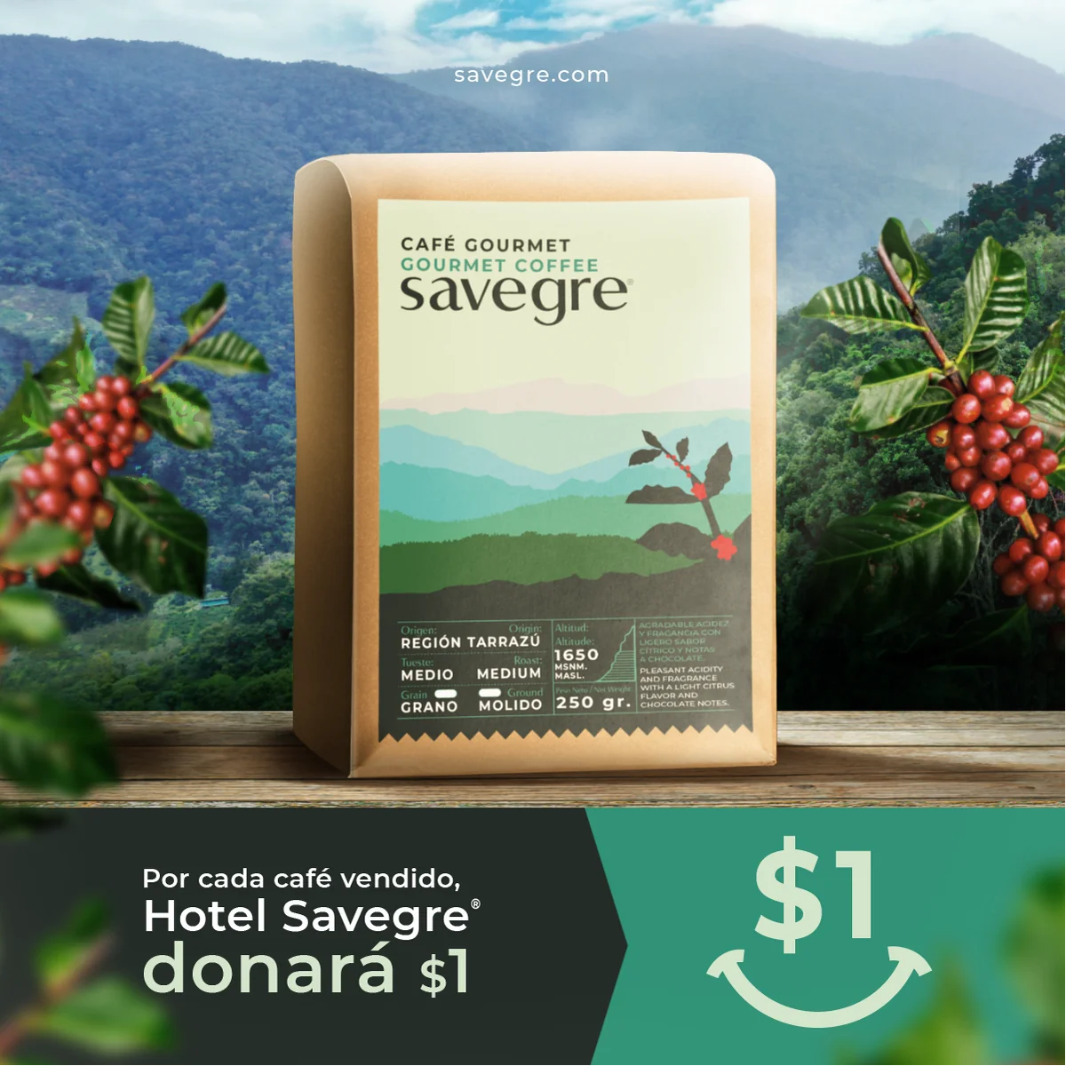 Gráfico promocional: por cada paquete de café Savegre vendido, el hotel dona $1 a la escuela de la comunidad