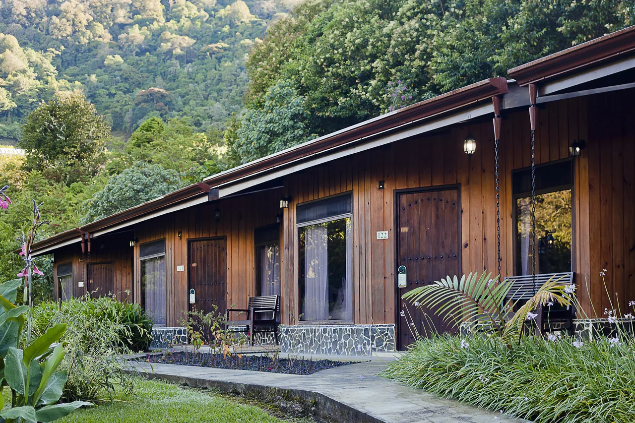 The row of wooden Junior Suite cabins, lawn and flower beds in front and the mountain behind