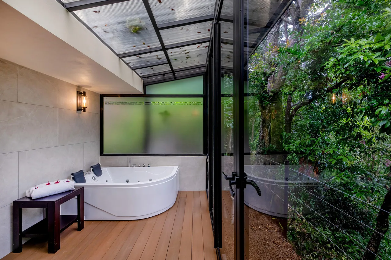 The Master Suite's private jacuzzi under a glazed roof, with the forest on the other side of the glass
