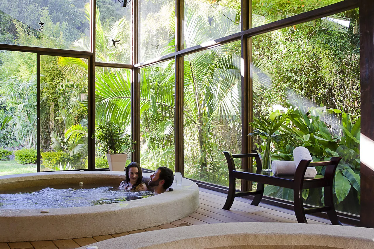 The spa's indoor pool with its curved stone edge, floor-to-ceiling glazing onto the forest and a lounger beside the water